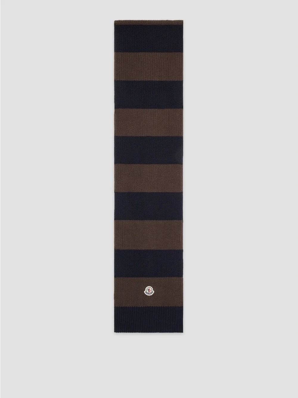 Moncler Navy Brown Striped Knit Scarf Logo Patch